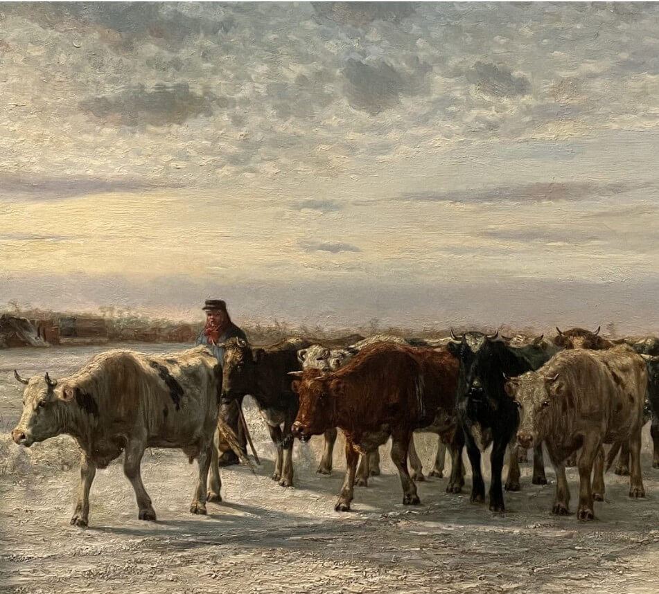 Winterlandschap met Koeien en personen